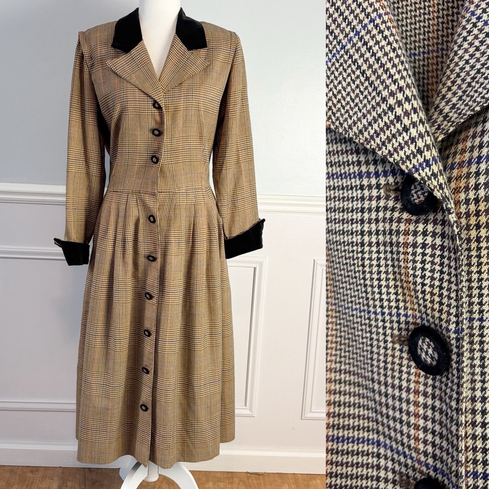 1960s Howard Wolf Brown Houndstooth Coat Dress Vintage Old Money Sz 16 Academia